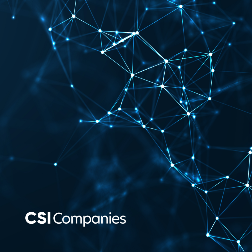 Abstract technology network on a dark blue background with glowing lines and circle hubs, representing CSI Companies’ expertise in ServiceNow solutions for healthcare.