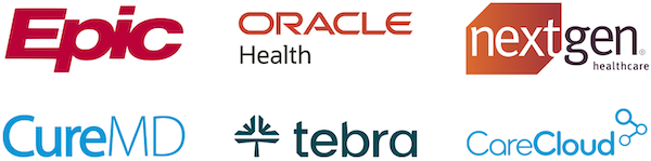 Logos of supported platforms for Revenue Cycle Management (RCM) solutions, including Epic, Oracle Health, NextGen Healthcare, CureMD, Tebra, and CareCloud.
