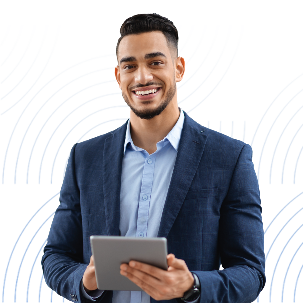 Technology consultant holding an iPad, symbolizing innovative IT and business solutions.