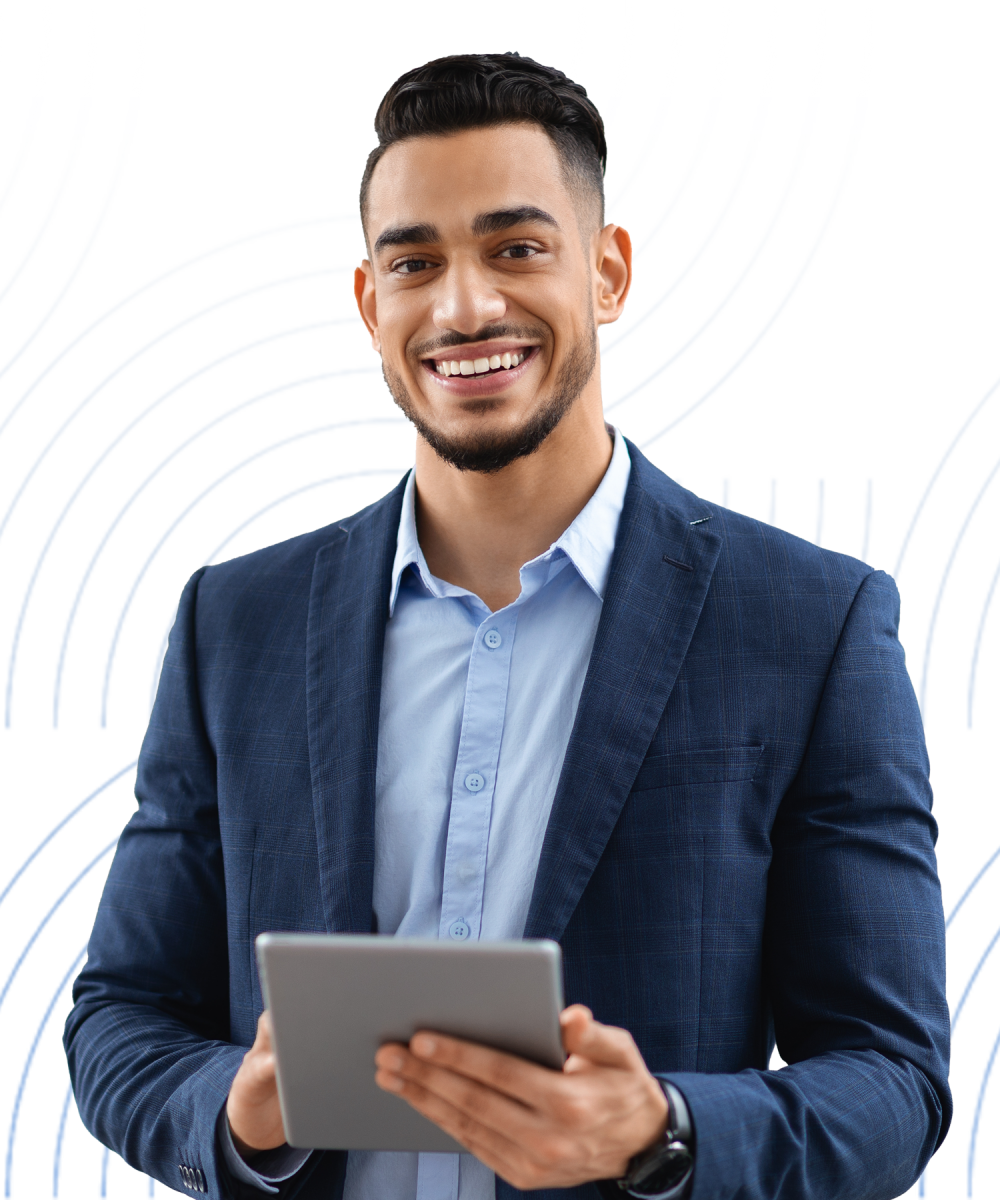 Technology consultant holding an iPad, symbolizing innovative IT and business solutions.