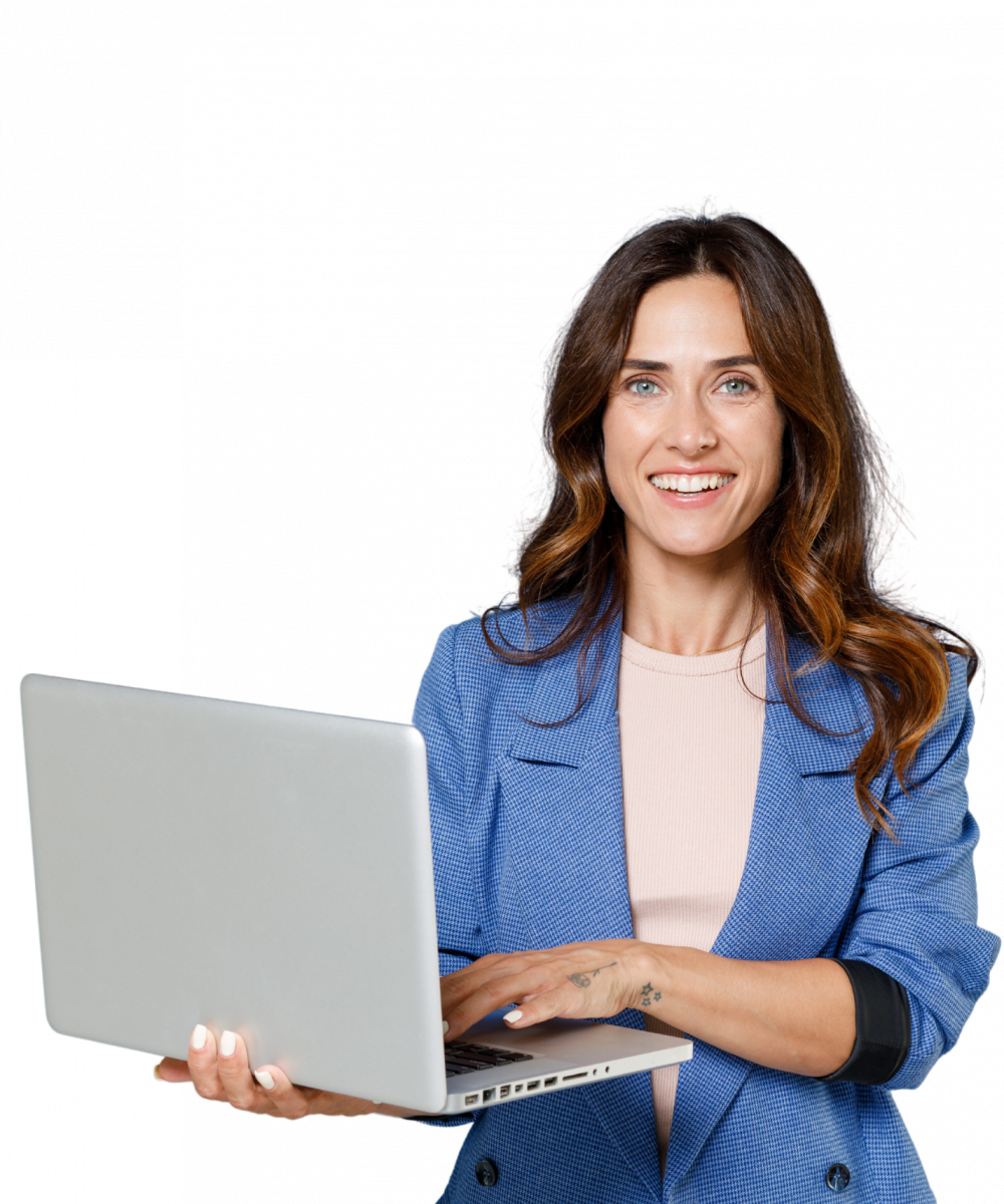Smiling healthcare consultant using a laptop, supporting Clinical Documentation Integrity (CDI) initiatives.
