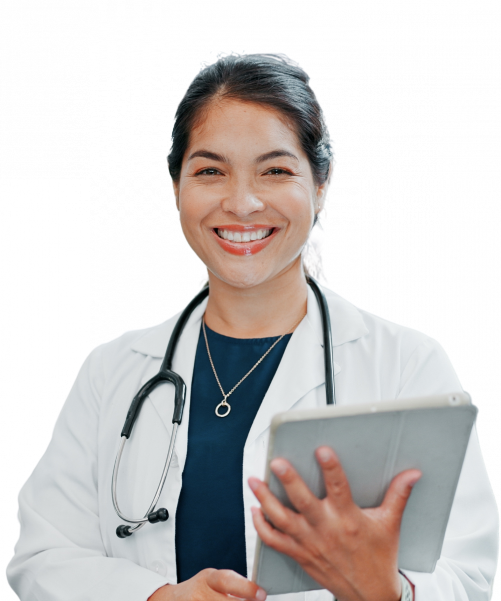 Smiling female doctor holding a tablet, supporting Revenue Cycle Management (RCM) in healthcare settings.